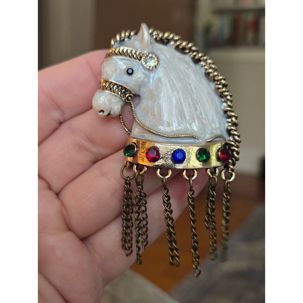 Horse Brooch Enamel 
Rhinestones Silvertone